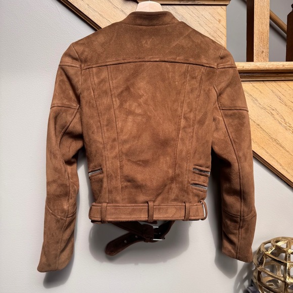 Zara Chocolate Brown Mocha Faux Suede Moto Biker Jacket XS Belted Y2K Boho - Picture 3 of 7